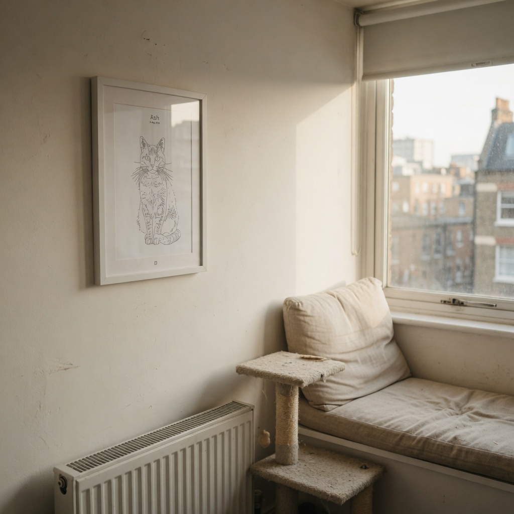 Ash grey tabby portrait in a white frame beside a city apartment window seat and a cat tree