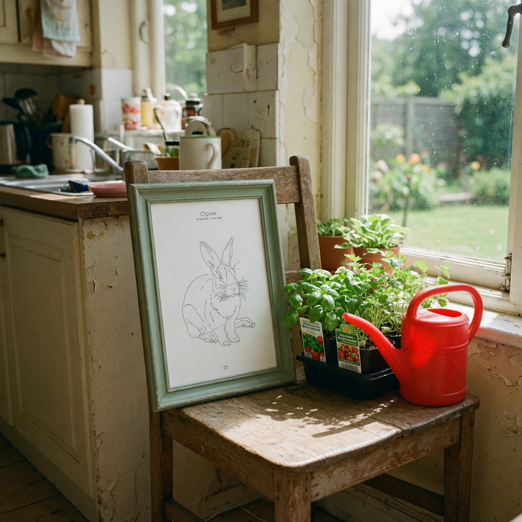Clover Dutch rabbit portrait in a sage-green painted frame leaning on a kitchen chair beside herb pots