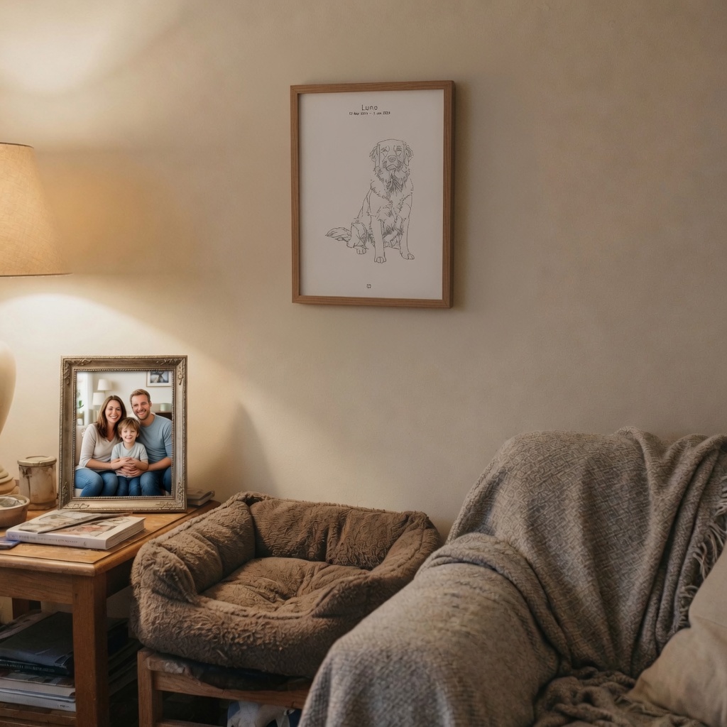 Luna golden retriever portrait in a light oak frame in an ordinary living room above a dog bed
