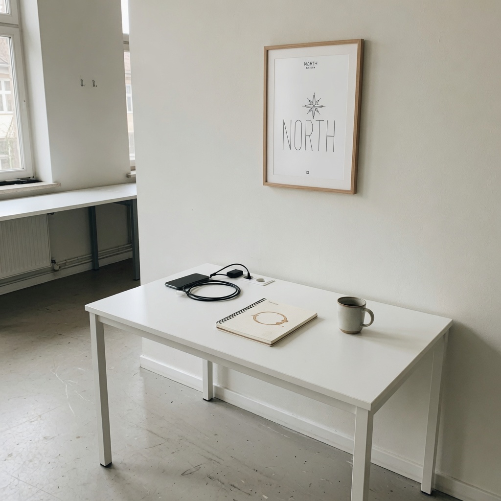 NORTH 2014 star wordmark in a pale wood frame in a modern office above a white desk with a cable and coffee ring